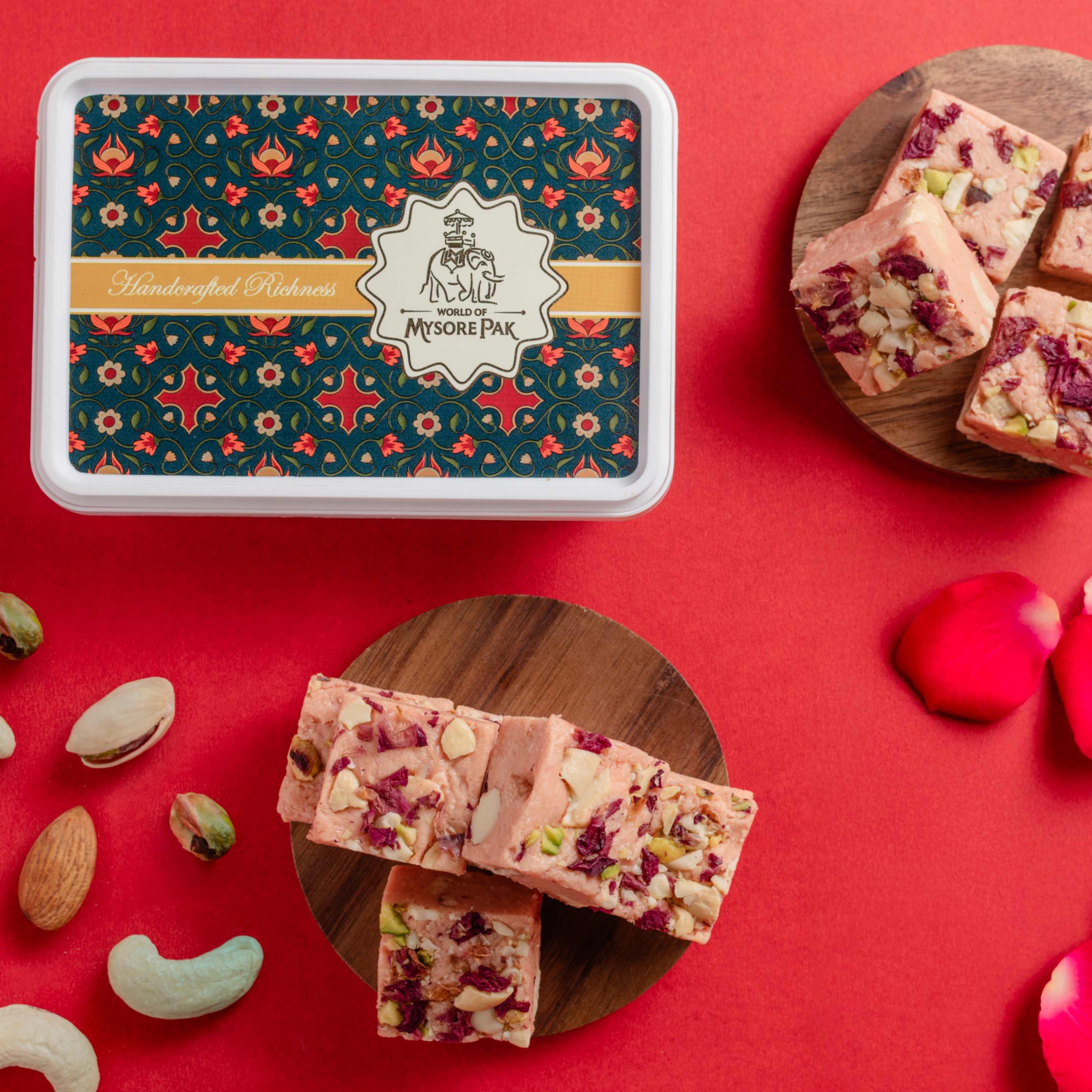 Buy aromatic Rose Bites sweet online from World of Mysore Pak, made with pure ghee, for authentic flavor.