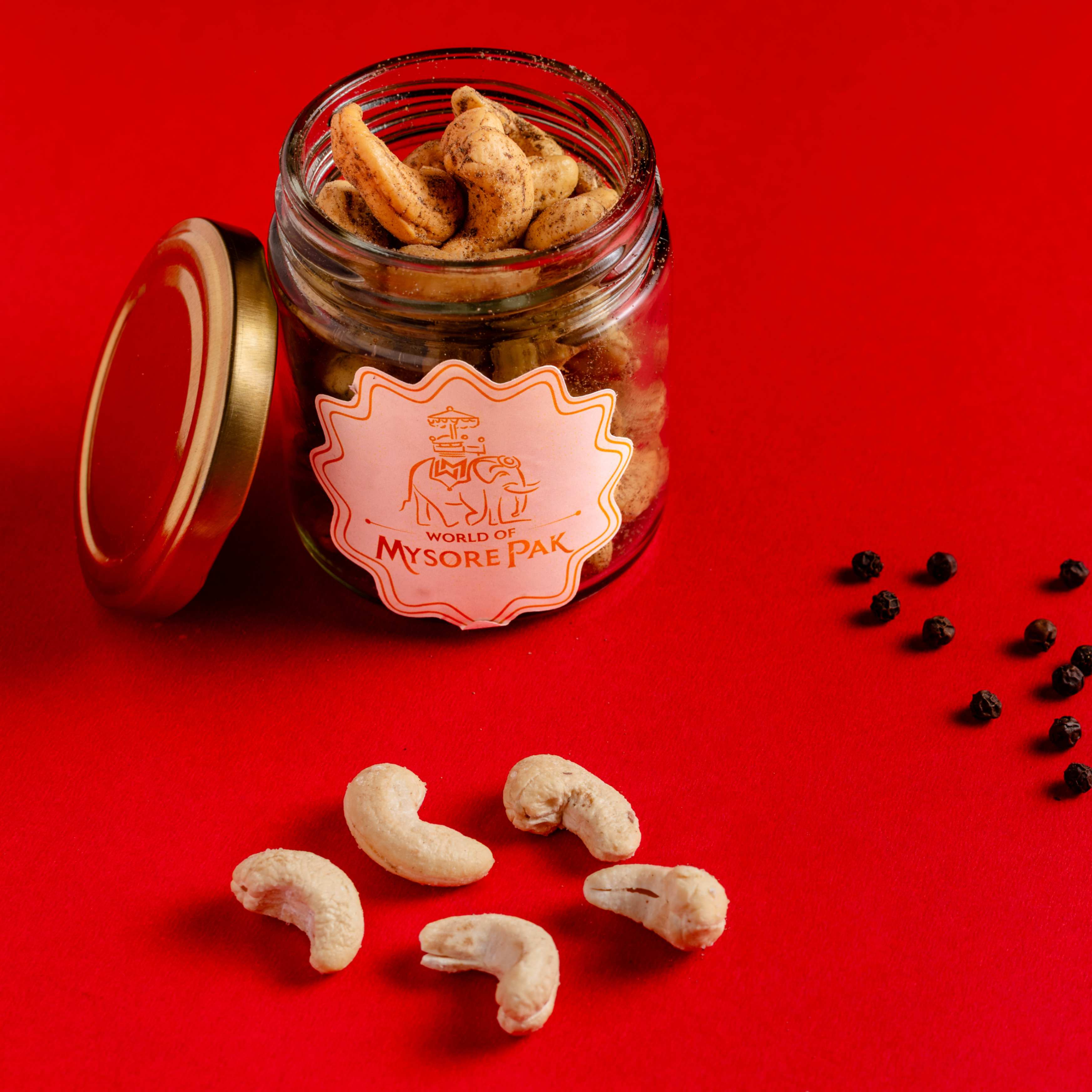 Buy Black Pepper Kaju online from World of Mysore Pak. Roasted kaju with a bold peppery coating.