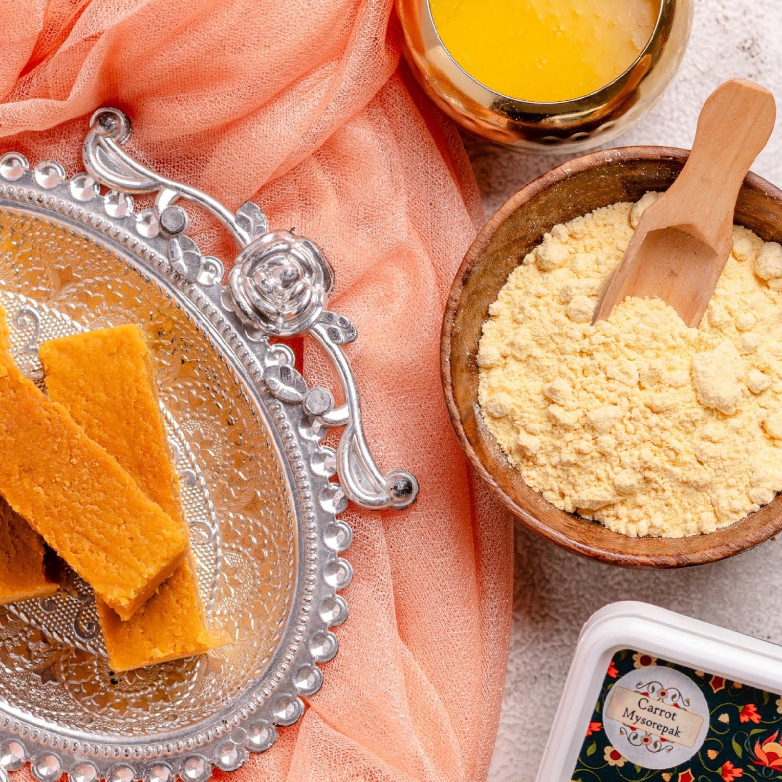 Buy gajar Mysore Pak online from World of Mysore Pak — a smooth, colorful twist made with ghee & carrot blend.