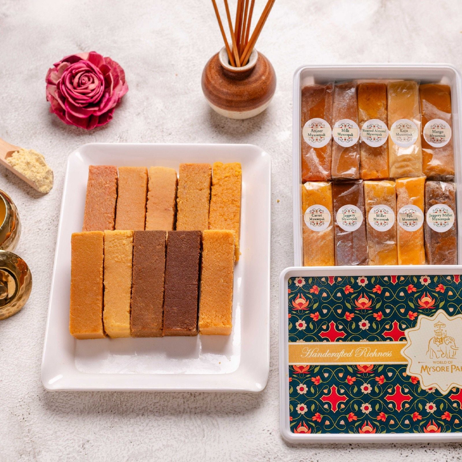 Buy Mysore Pak Combo Box Online – Fresh Assorted 100% Pure Ghee Sweets from World of Mysore Pak