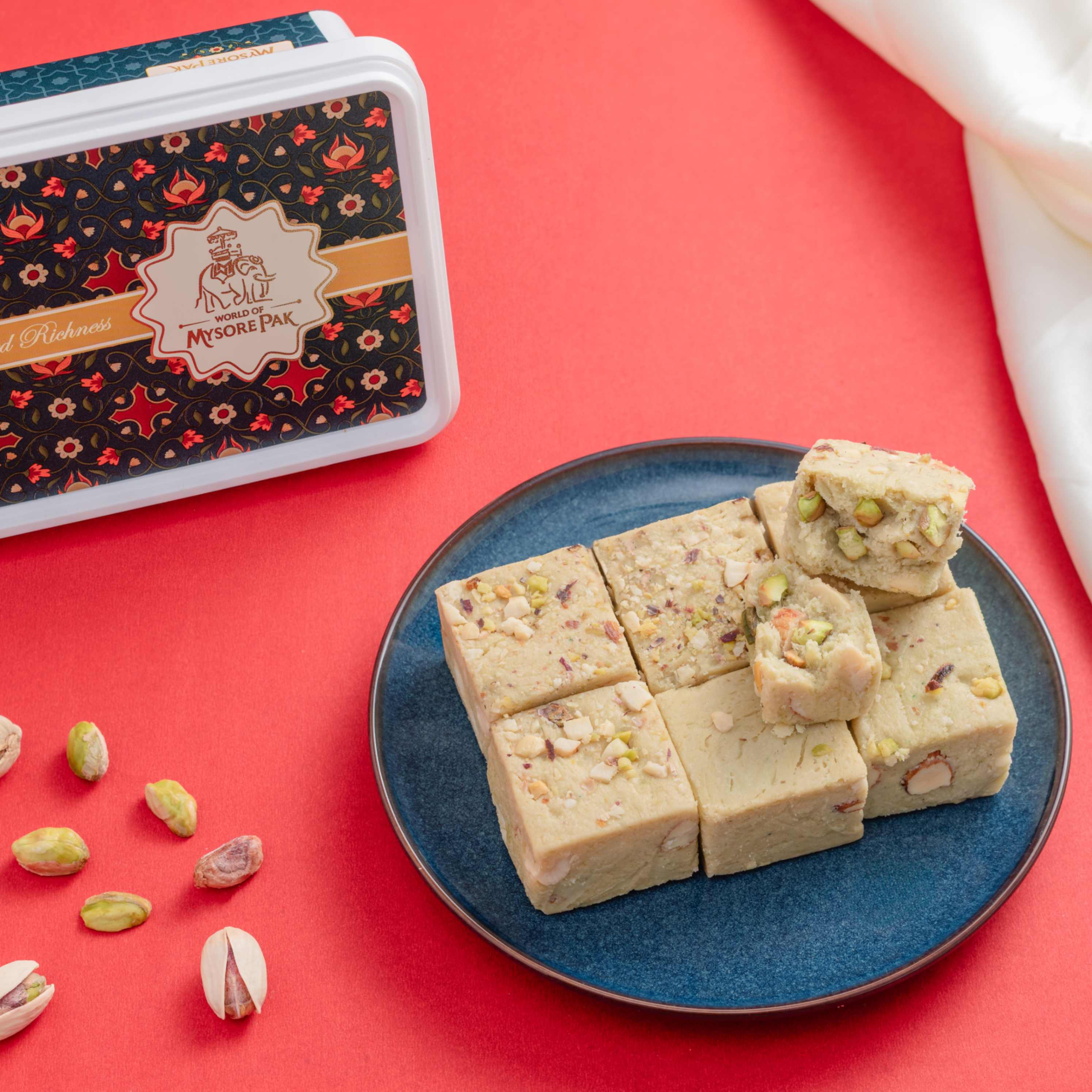 Buy Pista Bites online from World of Mysore Pak — soft, ghee-rich bites made with kaju paste, pista.