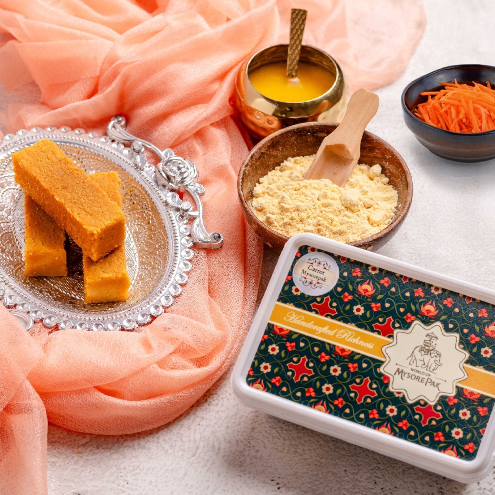 Buy Carrot Mysore Pak online from World of Mysore Pak — ghee-filled treat made with fresh grated carrots.