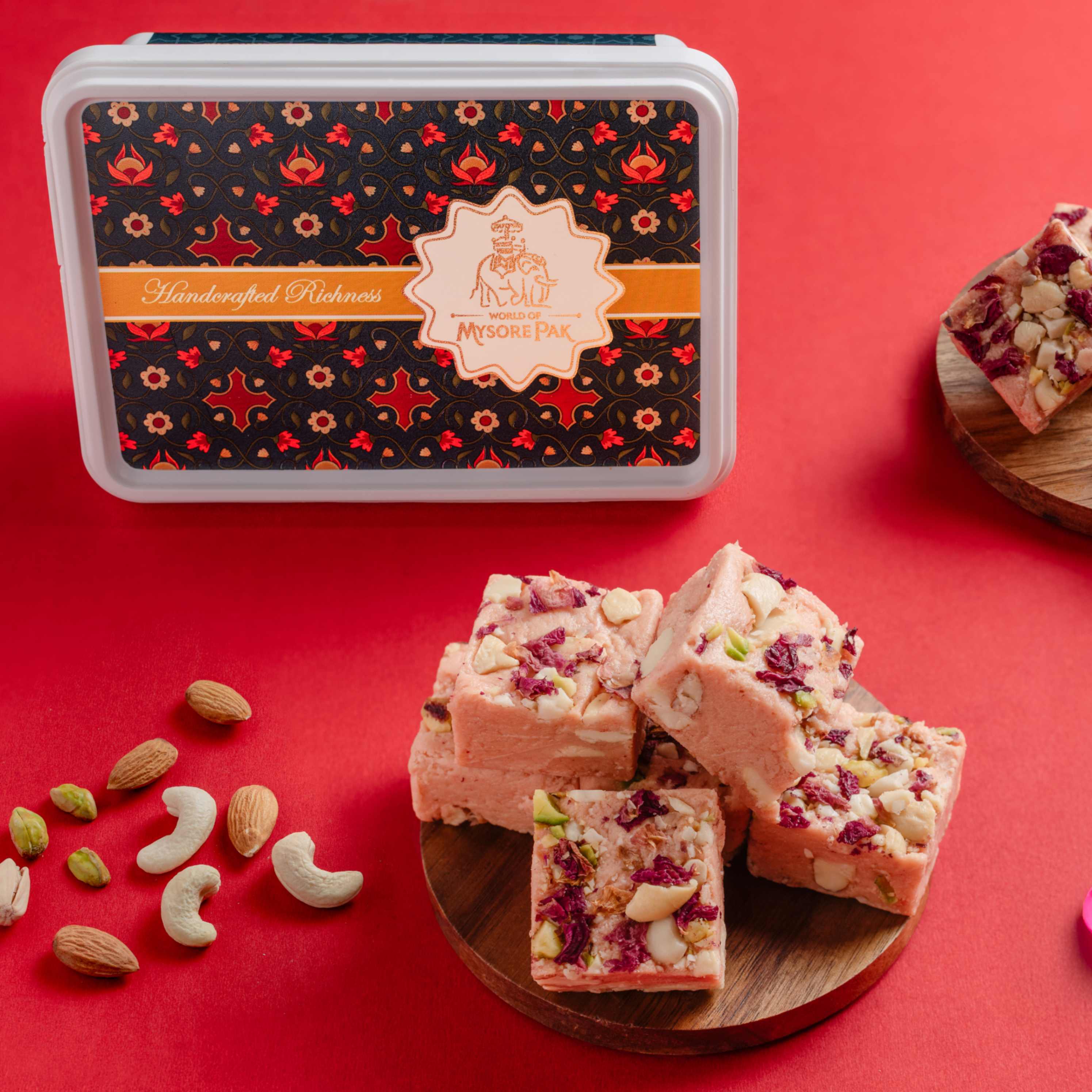 Buy 100% pure ghee Rose Bites natural rose flavored biscuits online from World of Mysore Pak.