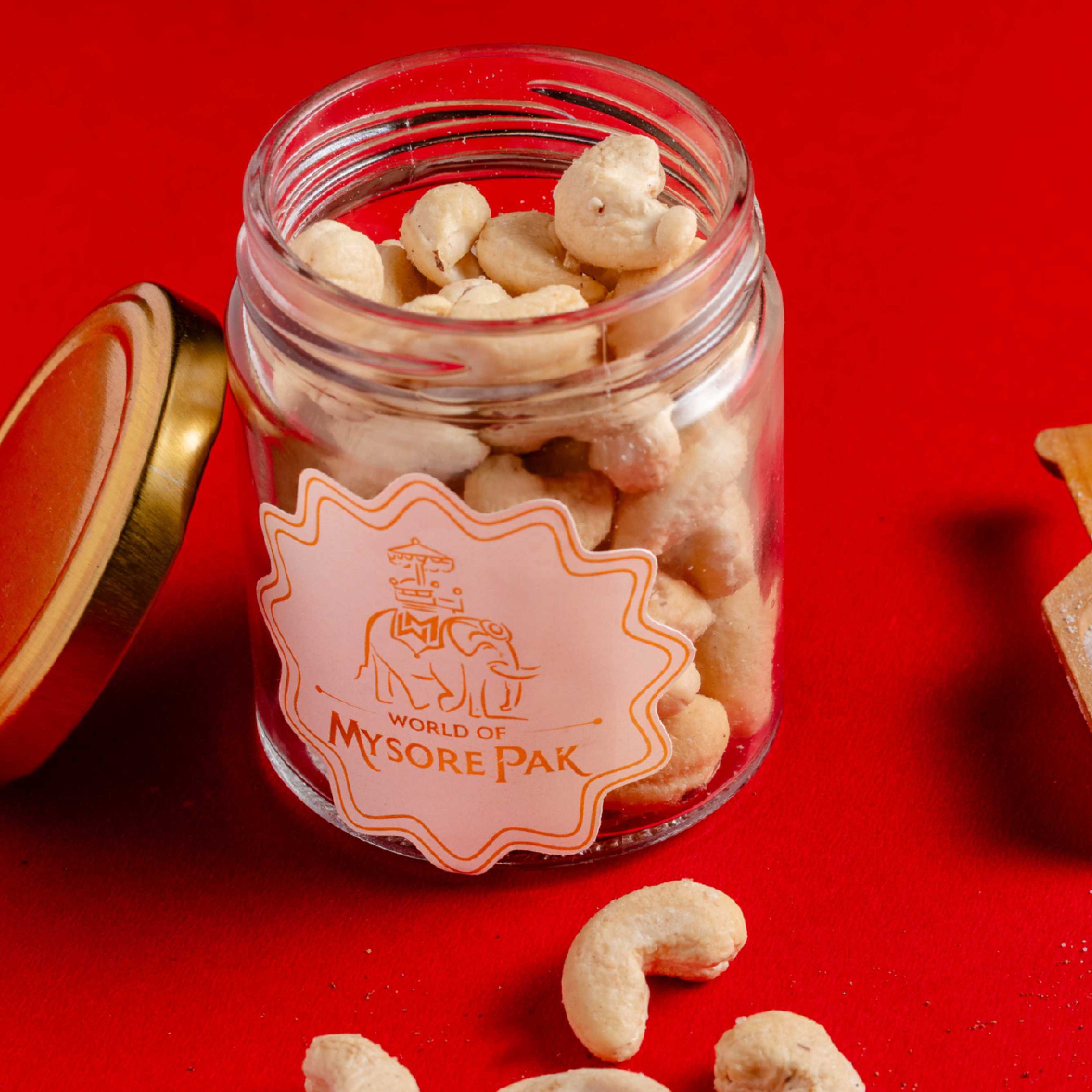Buy Salt Kaju online from World of Mysore Pak. A crisp and savory snack made with whole cashews and a touch of salt.