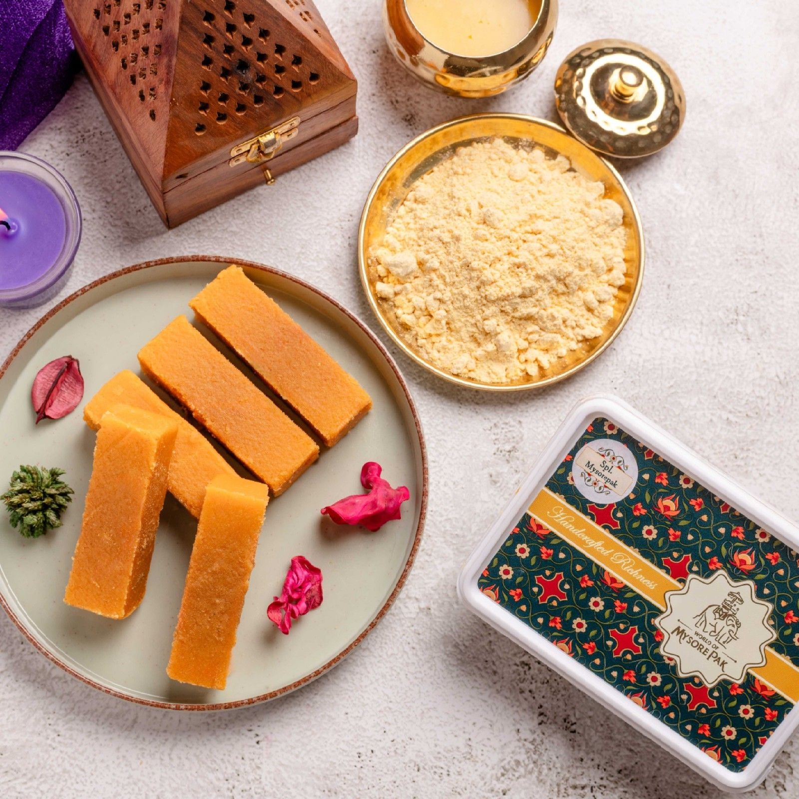 Authentic Mysore Pak – rich, melt-in-mouth sweet crafted with pure ghee.